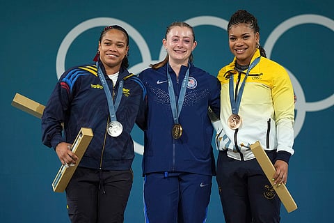 Paris Olympics women's 71kg weightlifting: Mari Leivis Sanchez of Colombia, silver, Olivia Reeves of the United States, gold, and Angie Paola Palacios Dagomez of Ecuador, bronze